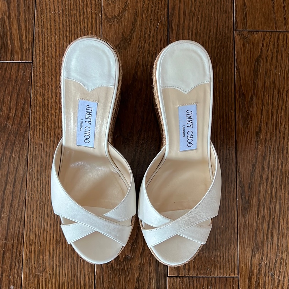 Jimmy Choo White Crisscross Leather Espadrille Heels